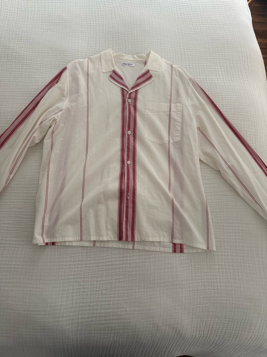 Zara Tops - Zara Cream Button-Up Blouse with Red Stripe